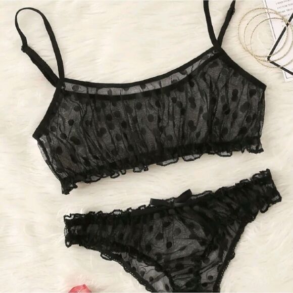 Black Polka Dot Bikini Style Lingerie Set - Picture 2 of 13